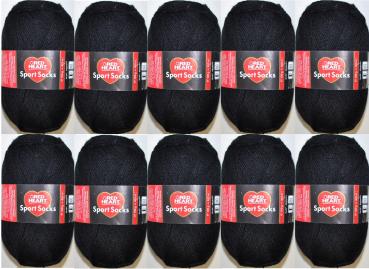 Preview: 1000g (10x100g) Sockenwolle Sport Socks Red Heart 4-fach filzfrei schwarz 016