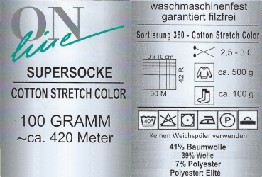 Supersocke Sockenwolle Cotton Stretch 100g ca. 420m verschiedene Farben Sort 360