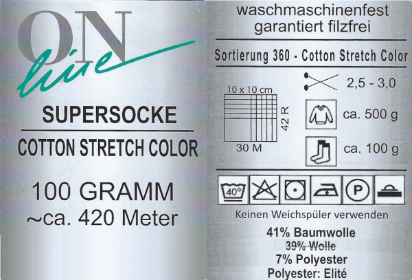 Supersocke Sockenwolle Cotton Stretch 100g ca. 420m verschiedene Farben Sort 360